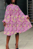 Vestidos de falda de pastel con cuello en O de patchwork con estampado informal rosa