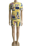 Yellow Street Print Patchwork O Neck Short Sleeve Two Pieces