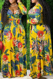 イエロー ファッション カジュアル プリント バンデージ パッチワーク V ネック ロング スリーブ プラス サイズ ドレス