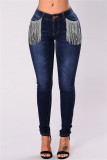 Zwarte mode casual effen kwastjes patchwork mid taille skinny denim jeans