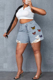 Light Color Fashion Casual Butterfly Print Ripped Regular High Waist Conventional Positioning Print Plus Size Denim Shorts