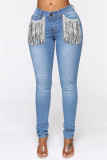 Svart Mode Casual Solid Tofs Patchwork Skinny Denim Jeans med mitten av midjan