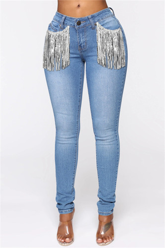Light Blue Fashion Casual Solid Tassel Split Joint Mid Waist Skinny Denim Jeans