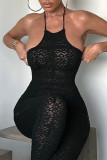 Black Fashion Sexy Solid See-through Backless Halter Skinny Jumpsuits