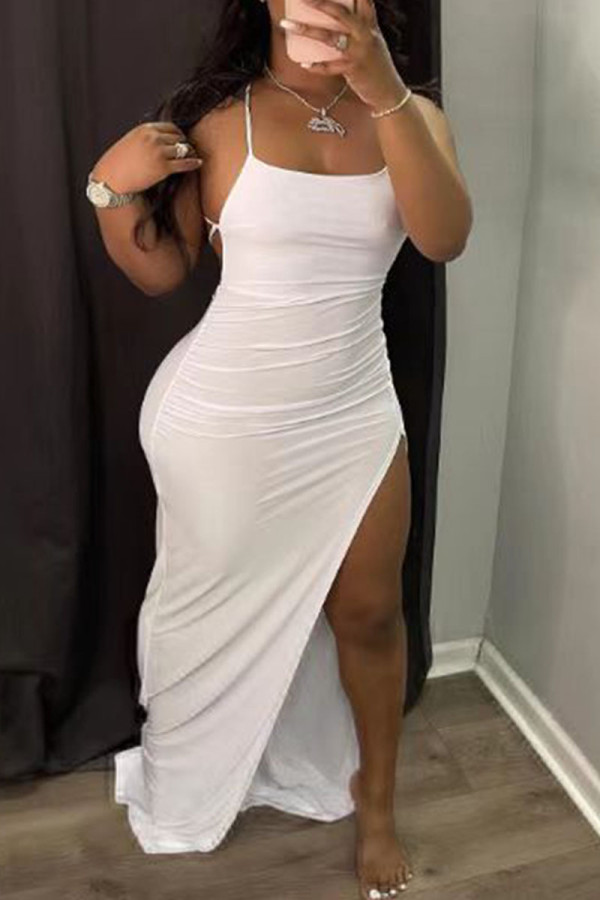 Vestido largo con correa de espagueti con abertura sin espalda de vendaje sólido de talla grande sexy de moda blanco