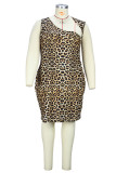 Estampa de leopardo moda casual estampa leopardo patchwork gola oblíqua vestido sem mangas vestidos plus size