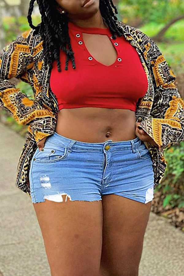 Blue Fashion Casual Solid Ripped Skinny High Waist Conventional Solid Color Plus Size Denim Shorts