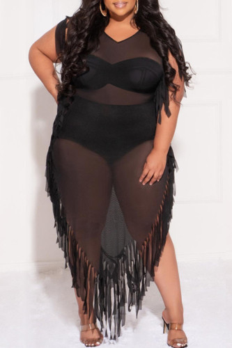 Black Fashion Sexy Plus Size Solid Tassel See-through V Neck Short Sleeve Dress