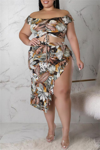 Brownness Fashion Sexy Print Backless Slit Off the Shoulder Plus Size Two Pieces