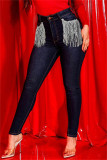 Jean skinny en denim noir à taille moyenne et patchwork à pompons solides