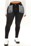 Черные модные повседневные джинсы скинни со средней талией и сплошной кисточкой в ​​стиле пэчворк