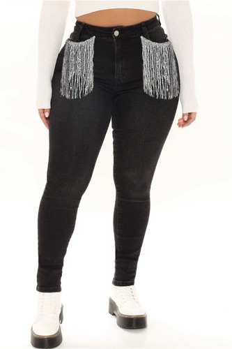 Black Fashion Casual Solid Tassel Patchwork Mid Waist Skinny Denim Jeans