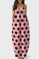 ピンクのセクシーなカジュアルドットプリント背中の開いたスパゲッティストラップロングドレス