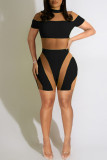 Black Fashion Sexy Patchwork See-through O Neck Skinny Rompers