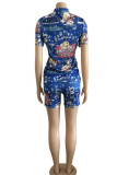 Blue Street Print Patchwork O Neck Short Sleeve Two Pieces