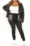 Zwarte mode casual effen kwastjes patchwork mid taille skinny denim jeans