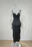 Schwarzes, sexy, festes, rückenfreies Patchwork-Kleid mit Schlitz und V-Ausschnitt