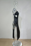 ブラックファッションセクシーなソリッドパッチワーク背中の開いたスリットVネックスリングドレス