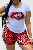 Red Fashion Casual Leopard Lips Imprimé Basic O Neck Plus Size Two Pieces