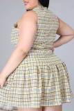 Yellow Fashion Casual Plaid Print Patchwork Zipper Collar Plus Size Two Pieces