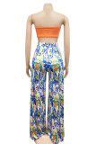 Orange Sexy Casual Print Backless Slit Strapless Sleeveless Two Pieces