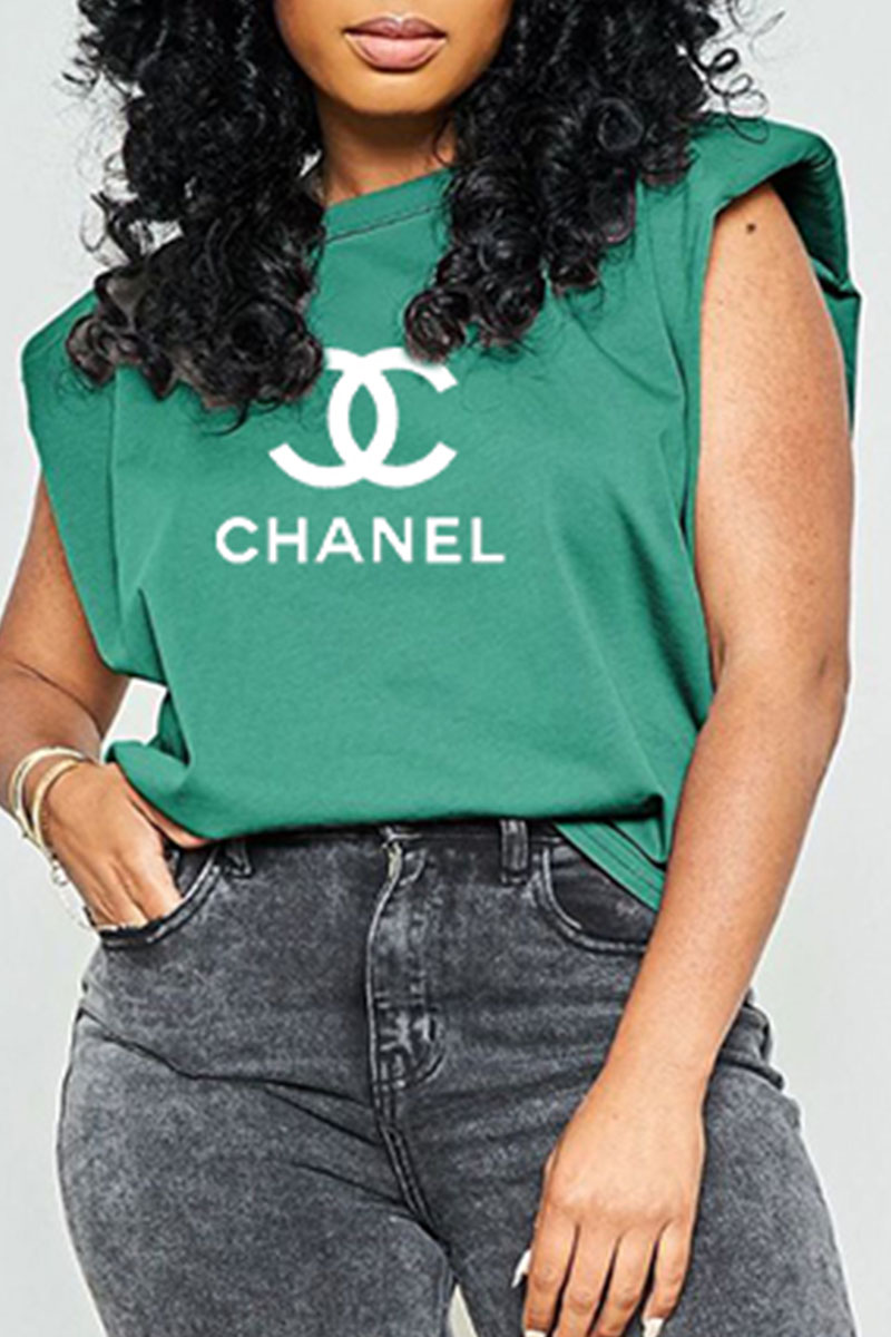 

Green Fashion Street Print Letter O Neck Tops