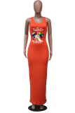スカイブルーファッションプリントパッチワークUネックペンシルスカートドレス