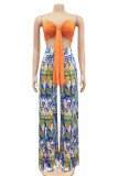 Orange Sexy Casual Print Backless Slit Strapless Sleeveless Two Pieces