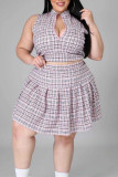 Rosa Mode Casual Plädtryck Patchwork Dragkedja Krage Plus Size Two Pieces