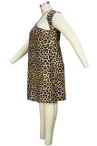 Estampado de leopardo Moda Casual Estampado de leopardo Patchwork Cuello oblicuo Vestido sin mangas Vestidos de talla grande
