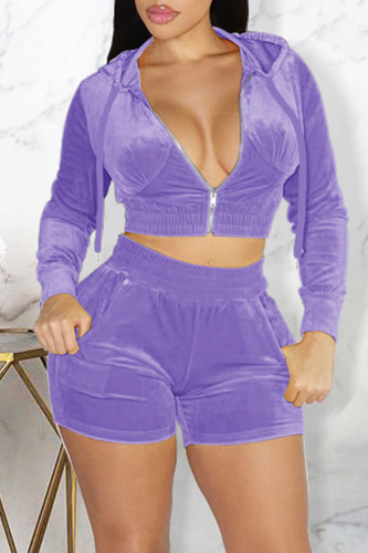 Purple Casual Gradual Change Solid Split Joint Hooded Collar Long Sleeve Two Pieces