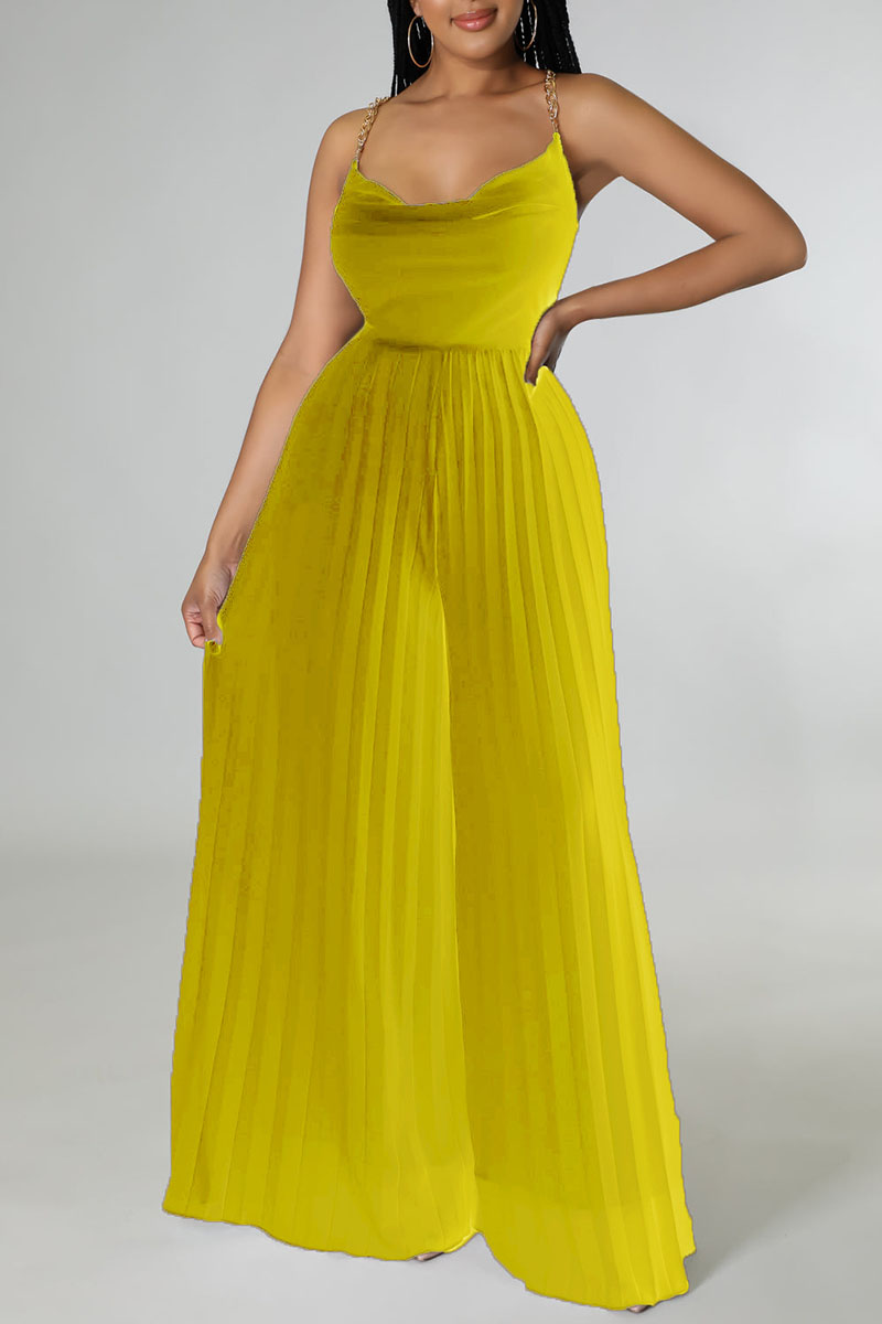 

Yellow Elegant Solid Patchwork Backless Fold Straight Jumpsuits