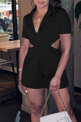 Black Sexy Solid Hollowed Out Patchwork Buttons Turn-back Collar Short Sleeve Two Pieces