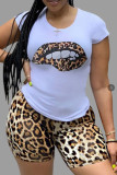 Red Fashion Casual Leopard Lips Printed Basic O Neck Plus Size Two Pieces