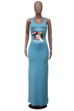 スカイブルーファッションプリントパッチワークUネックペンシルスカートドレス