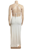 ホワイト ファッション セクシー プラス サイズ ソリッド バンデージ バックレス スリット スパゲッティ ストラップ ロング ドレス