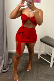 Red Sexy Solid Patchwork Knotted Strapless Sleeveless Two Pieces