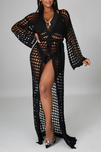 Black Sexy Solid Bandage Hollowed Out Split Joint Swimwears Cover Up