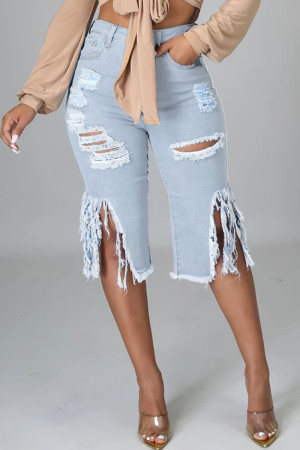 Light Blue Fashion Casual Solid High Waist Jeans Tassel Ripped Denim Shorts