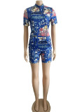 Blue Street Print Patchwork O Neck Short Sleeve Two Pieces