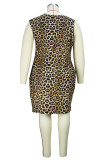 Estampado de leopardo Moda Casual Estampado de leopardo Patchwork Cuello oblicuo Vestido sin mangas Vestidos de talla grande