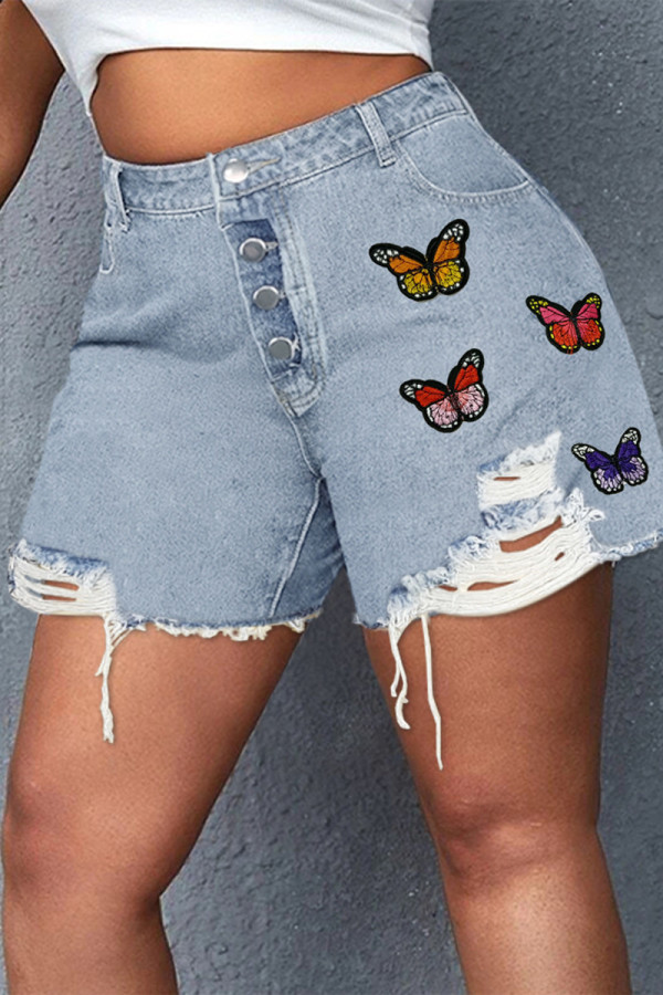 Colore chiaro Moda Casual Stampa a farfalla Strappato Vita alta regolare Stampa di posizionamento convenzionale Pantaloncini di jeans taglie forti
