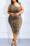 Leopardtryck Mode Casual Print Leopard Patchwork Snedkrage Ärmlös klänning Plus Size Klänningar