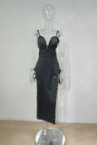 Schwarzes, sexy, festes, rückenfreies Patchwork-Kleid mit Schlitz und V-Ausschnitt
