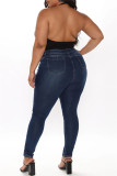 Schwarze, modische, lässige, solide Patchwork-Jeans mit mittlerer Taille