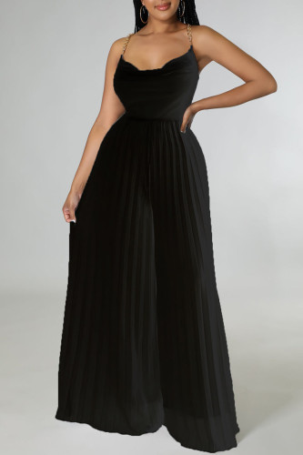 Black Elegant Solid Patchwork Backless Fold Straight Jumpsuits