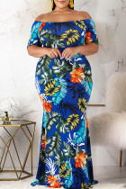 Blauwe mode casual plus size print patchwork off-shoulder lange jurk