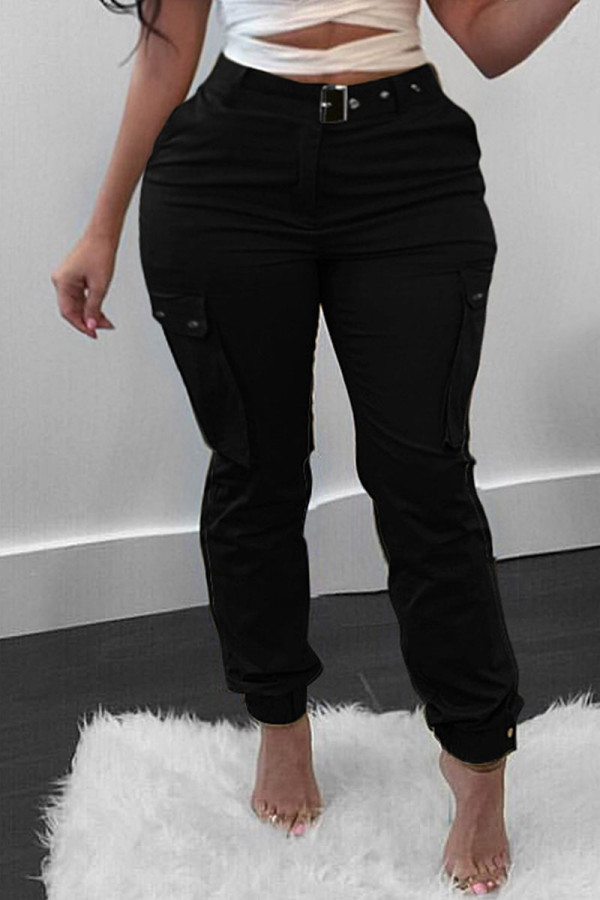 Schwarze, modische, lässige, solide Patchwork-Hose mit hoher Taille, herkömmliche einfarbige Unterteile