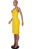 Amarillo sexy sólido patchwork correa de espagueti un paso falda vestidos
