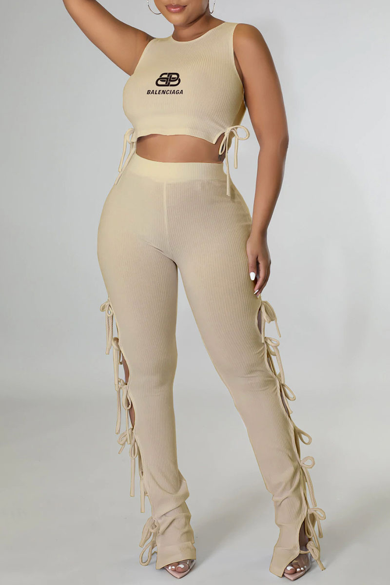 

Khaki Fashion Sexy Print Bandage O Neck Sleeveless Two Pieces